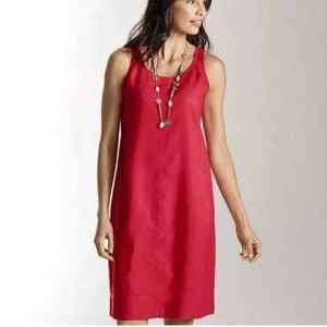 J.Jill Linen Tank style scoop neck midi shift dress with pockets. Red. Sz Small